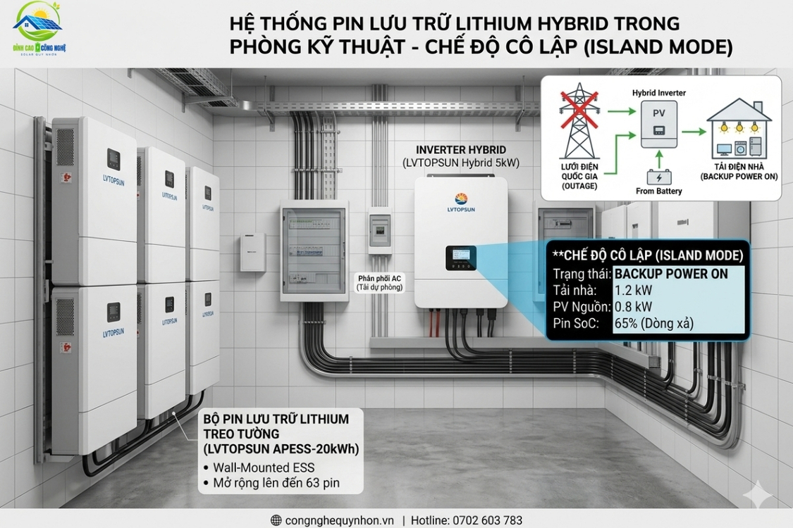 Pin lưu trữ giúp điện mặt trời khi mất điện vẫn hoạt động liên tục.