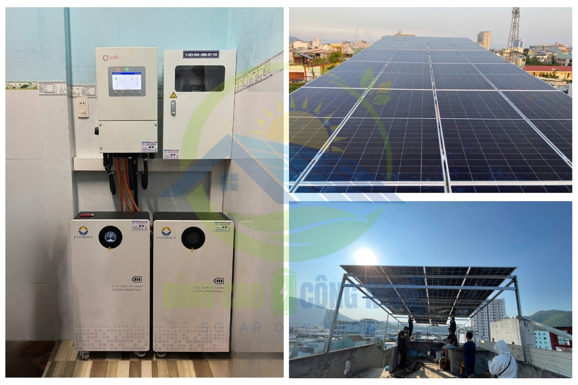 Thiết bị hệ thống điện năng lượng mặt trời cho dãy nhà trọ bao gồm 24 tấm pin hestia, 1 biến tần hybrid solis 1 pha, 2 pin lưu trữ LVTOPSUN