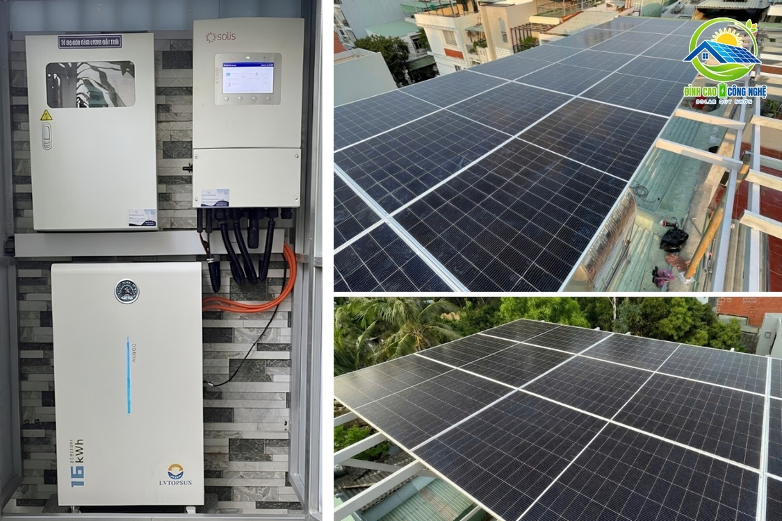 Quy mô hệ thống: 18 tấm pin Hesstia 610W, 1 inverter Solis 8kW (1 pha), 1 bộ pin lưu trữ 16kW