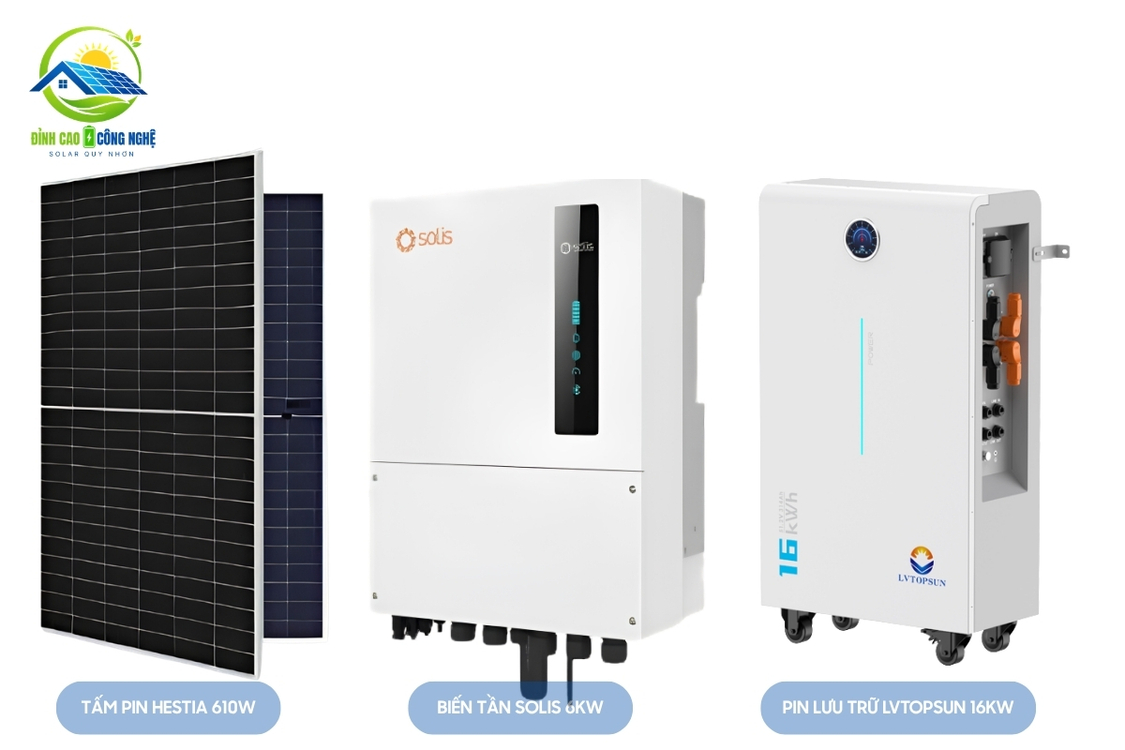 Hệ thống bao gồm 10 tấm tin Hestia 610w, 1 biến tần Solis 6kw, 1 Pin lưu trữ LVTOPSUN 16kw