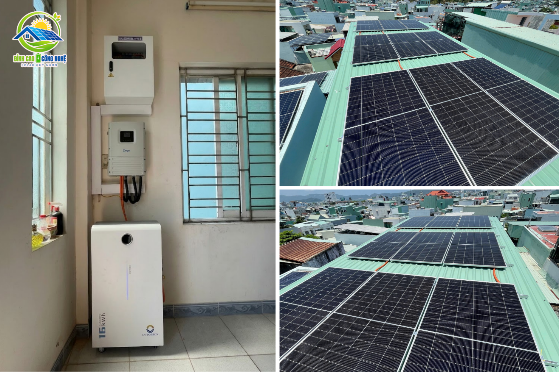 Cấu hình của hệ thống gồm 9 tấm pin Hestia, 1 biến tần Deye và 1 pin lưu trữ LVTOPSUN