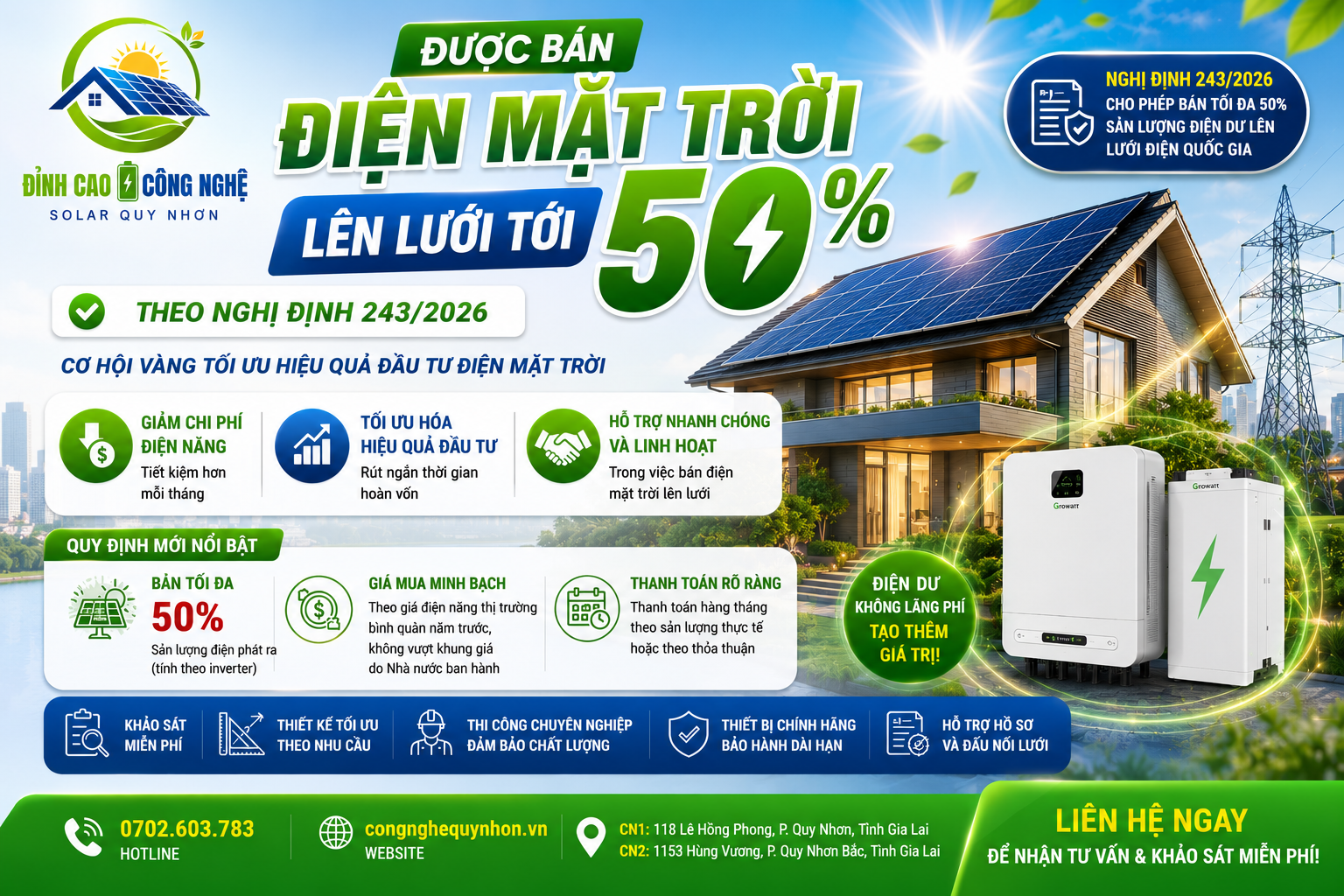 Nhà nước đã bổ sung cơ chế cho phép bán điện mặt trời tối đa 50% sản lượng dư thừa lên lưới điện quốc gia