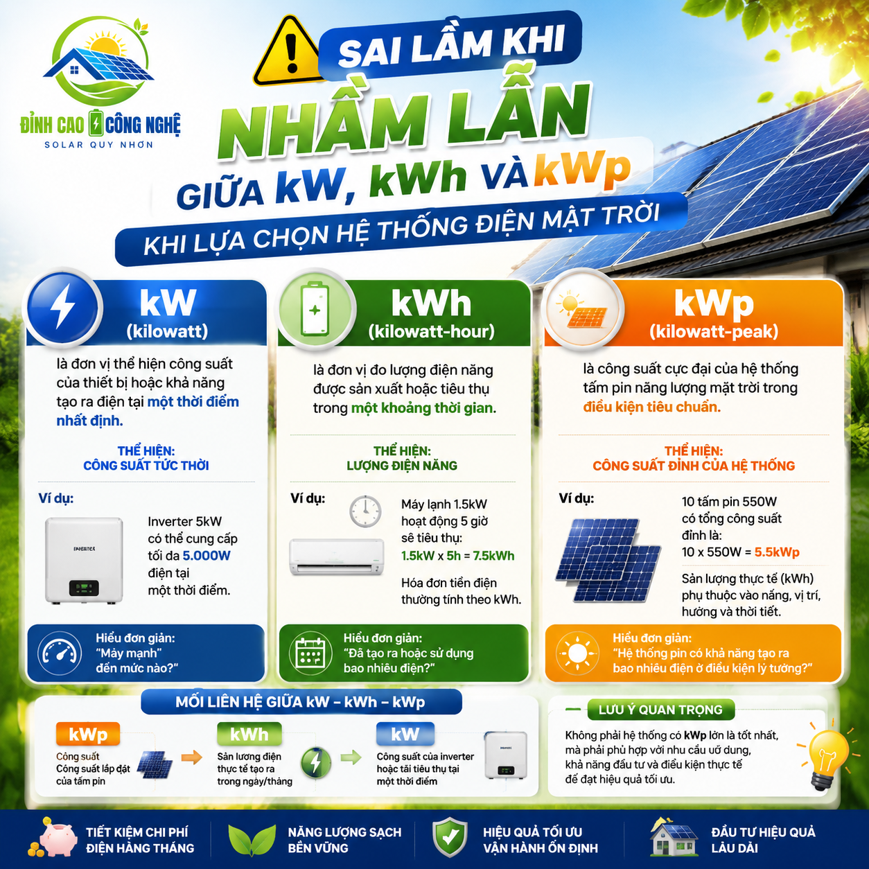 sai lầm khi Nhầm lẫn giữa kW, kWh và kWp khi lựa chọn hệ thống điện mặt trời