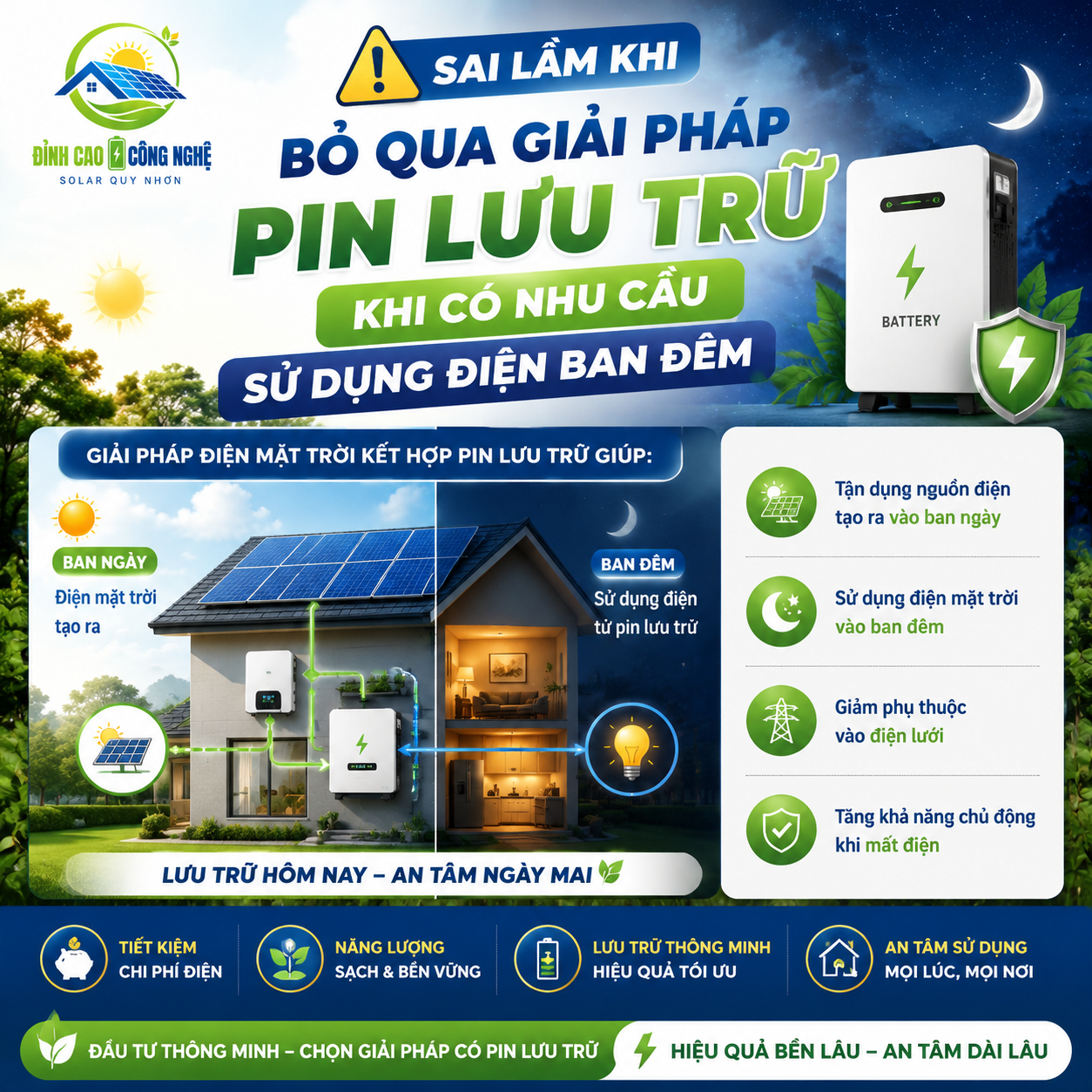 sai lầm khi Bỏ qua giải pháp pin lưu trữ khi có nhu cầu sử dụng điện ban đêm