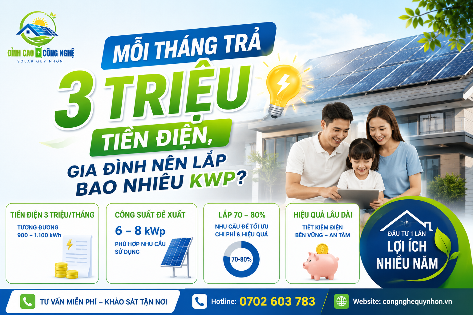 Tiền điện 3 triệu/tháng nên lắp bao nhiêu kWp